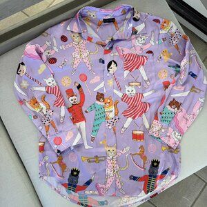 New Karen Mabon Cat Nutcracker Satin Pajama Button-Down Long-Sleeve Top